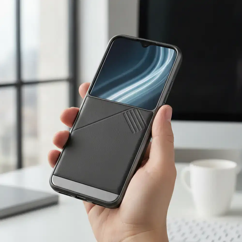 Person holding a modern smartphone with a premium case