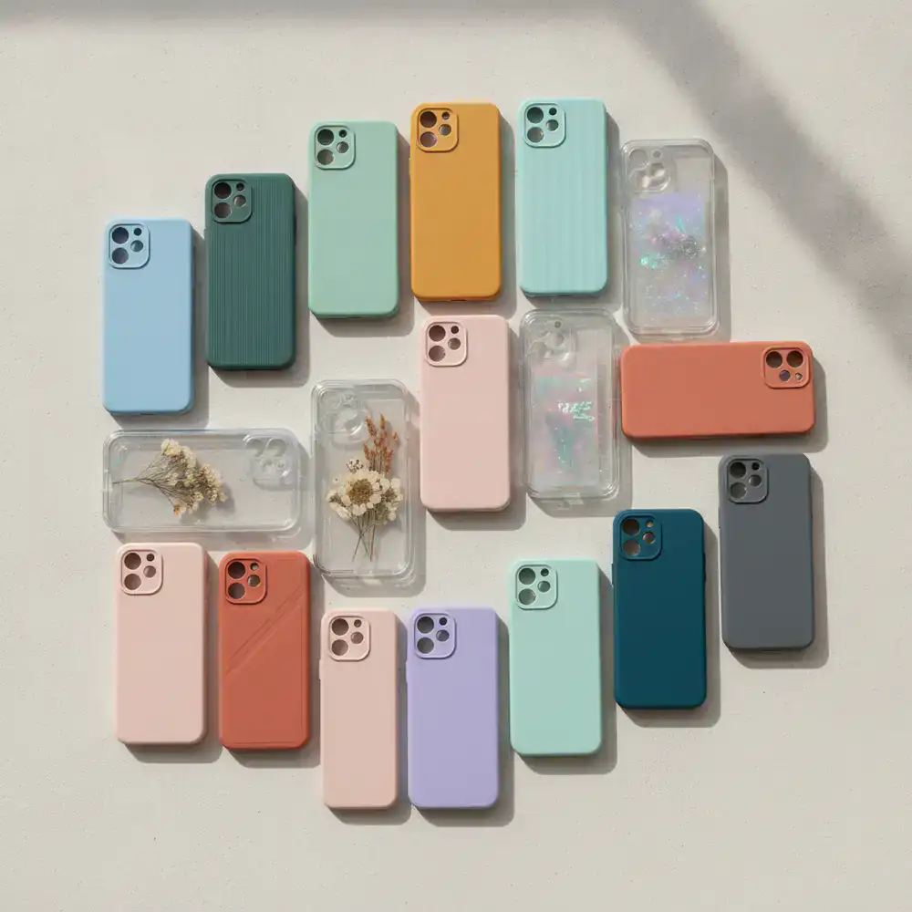 Flat lay of colorful silicone and clear phone cases