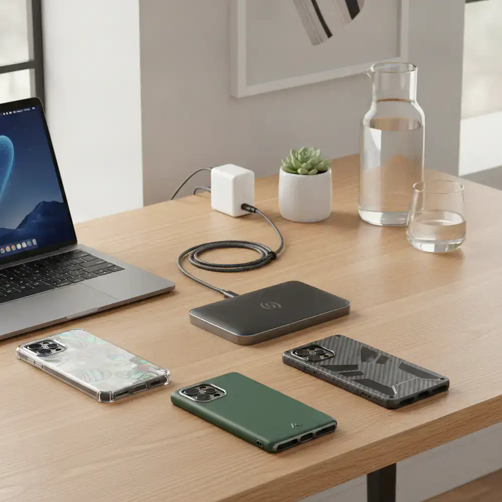 A modern desk setup showing premium smartphone cases and a fast charger