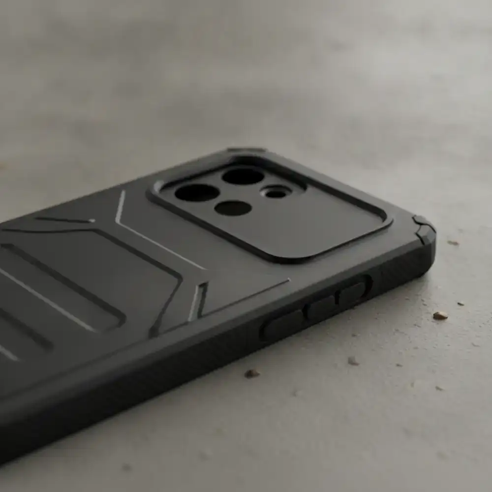 Close up of a rugged black smartphone case