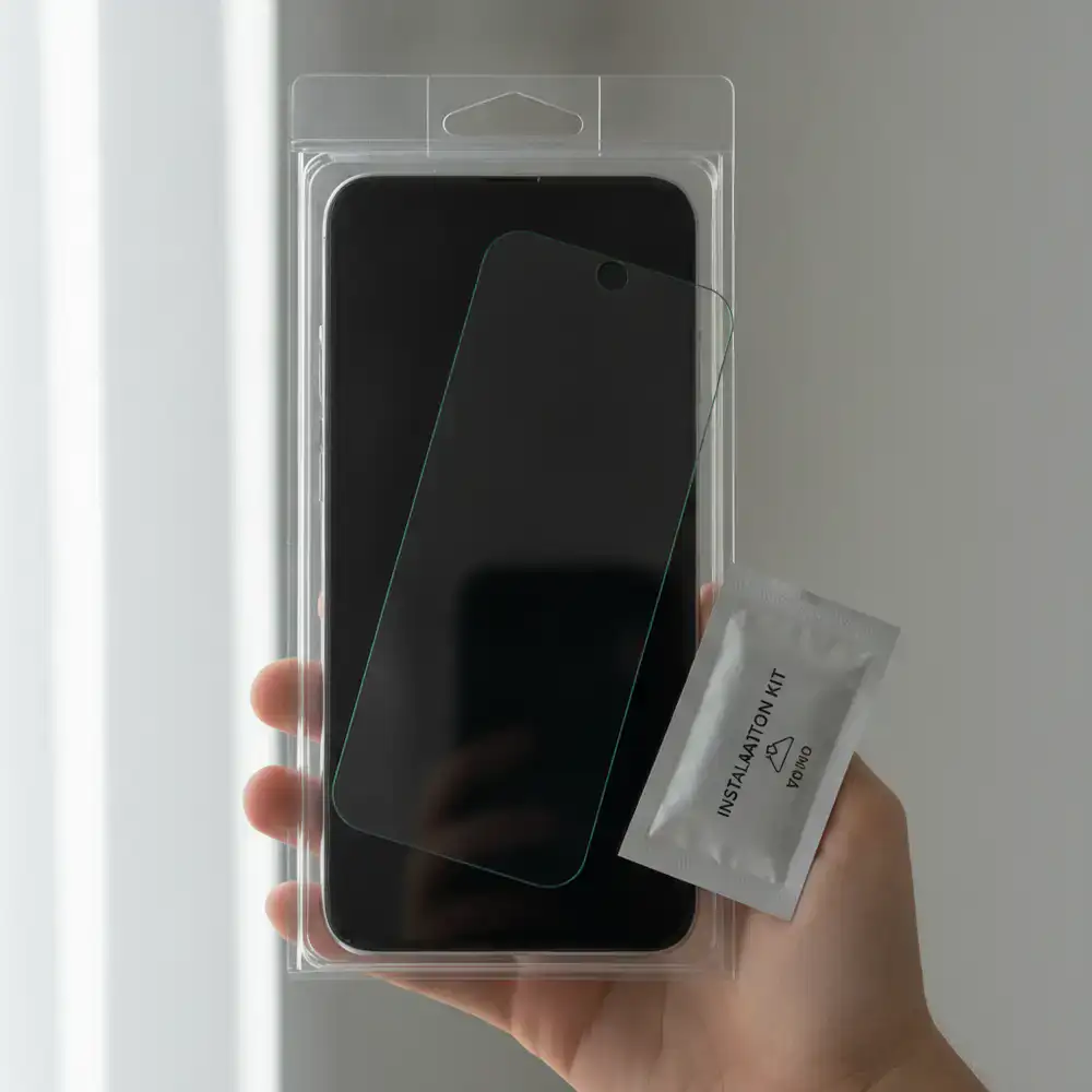 Flawless smartphone screen showing clear glass protector packaging