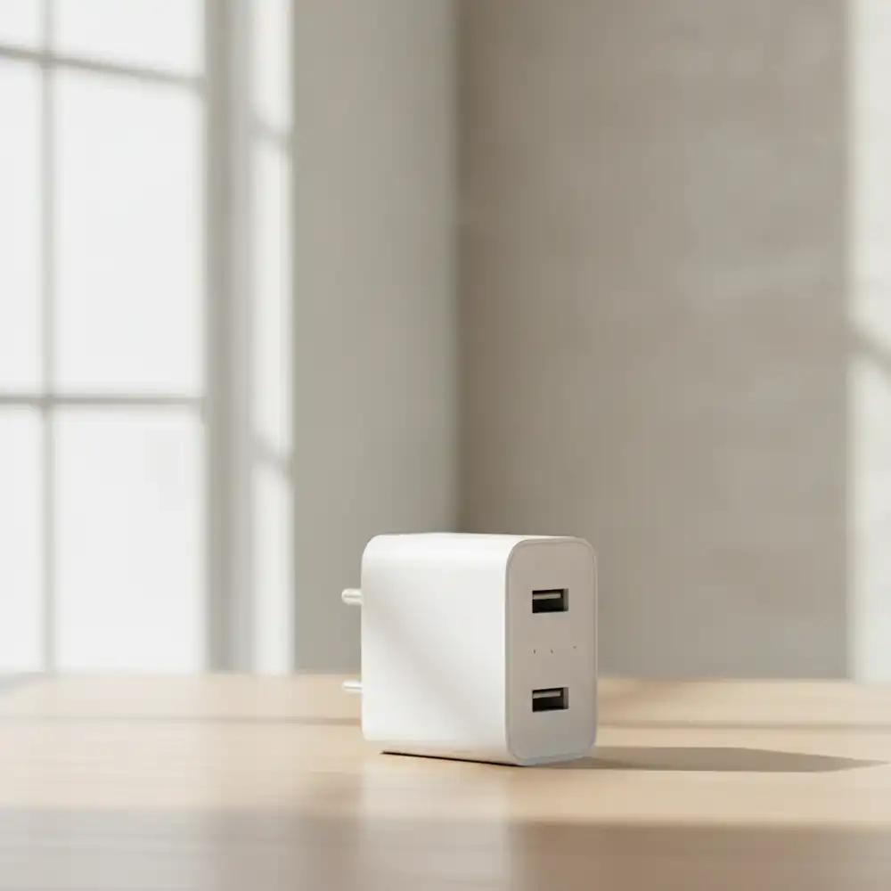A 20W dual-port wall charger in a bright studio setting
