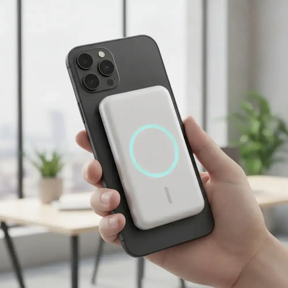 Magnetic power bank attached to the back of a phone